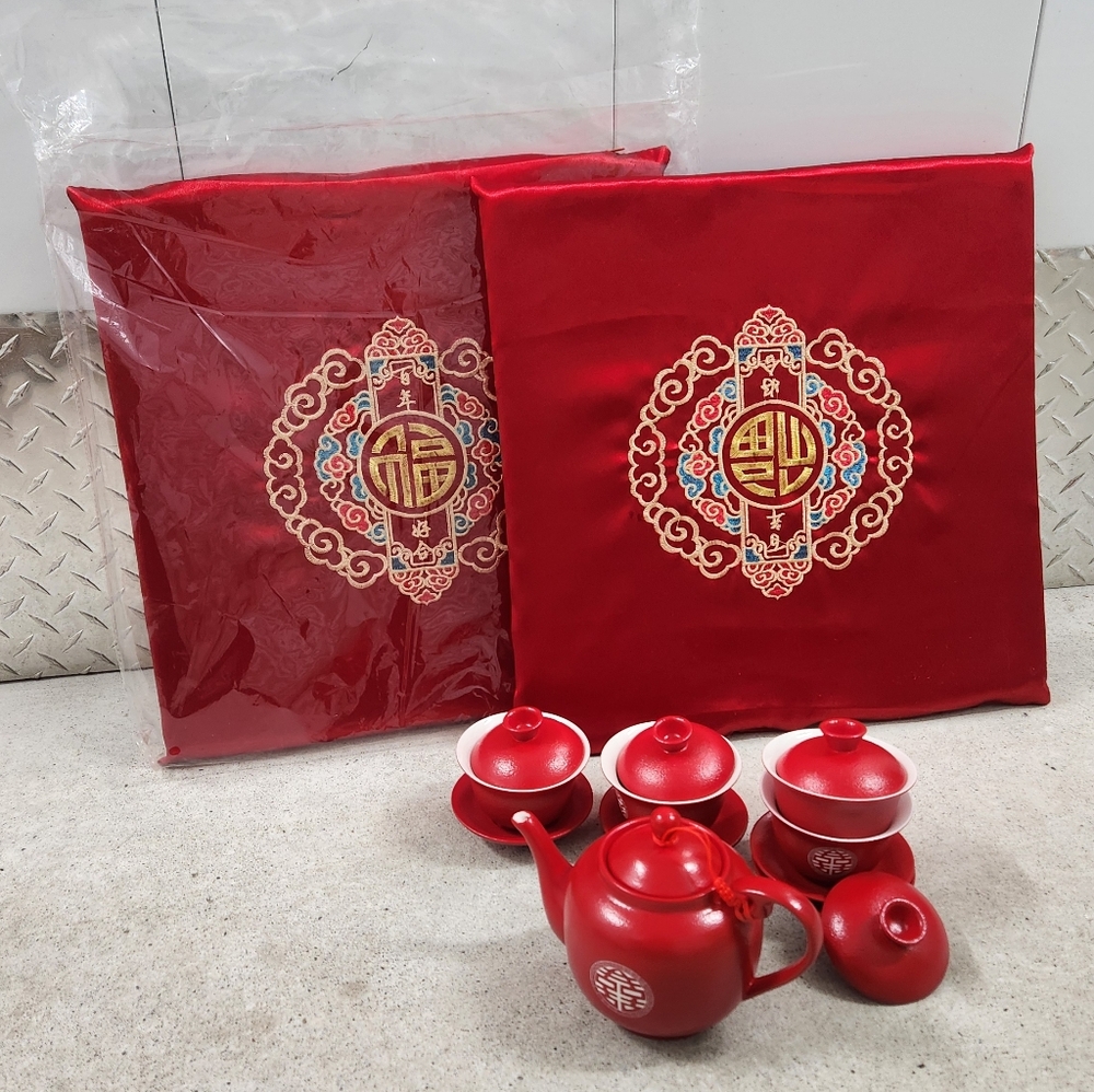 Red Chinese Tea Set with Embroidered Red Cushions
